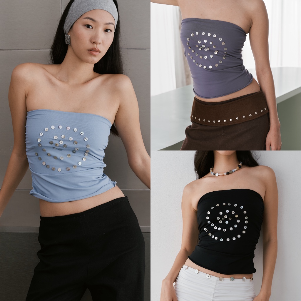 Allur Quarter Spiral Pearl tube top เสื้อเกาะอกปักกระดุมก้นหอย
