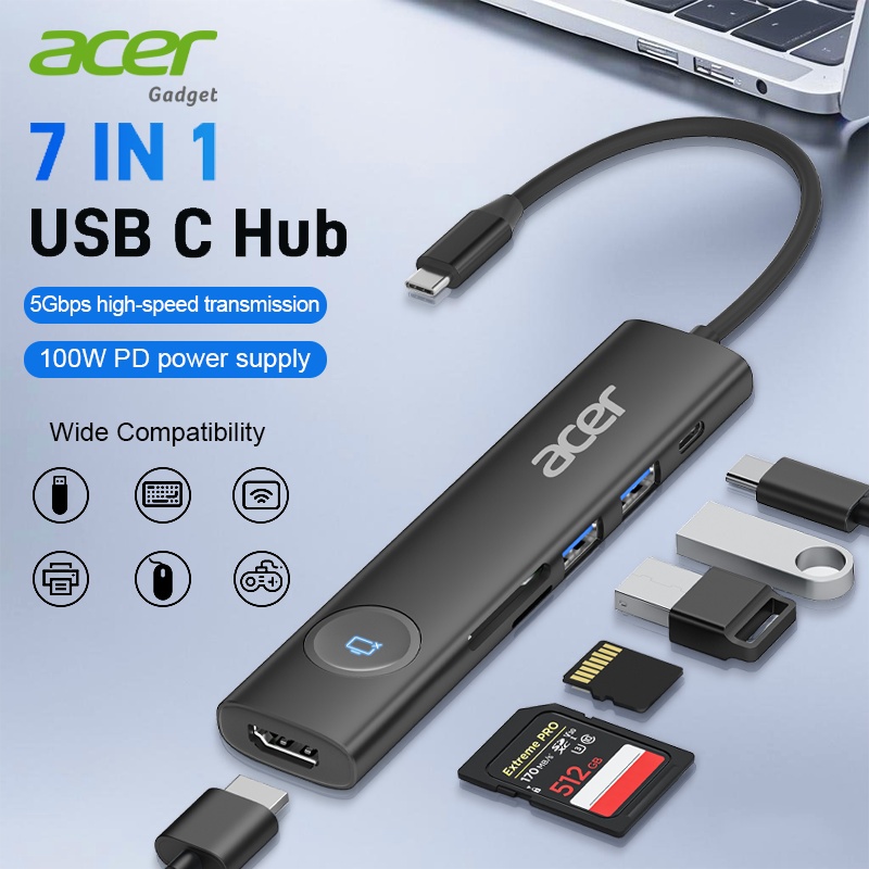 Acer USB-C Hub 7-in-1 | HDMI 4K@60Hz, USB 3.0 x2, PD 100W, USB-C Data, SD/TF สำหรับ MacBook&Laptop