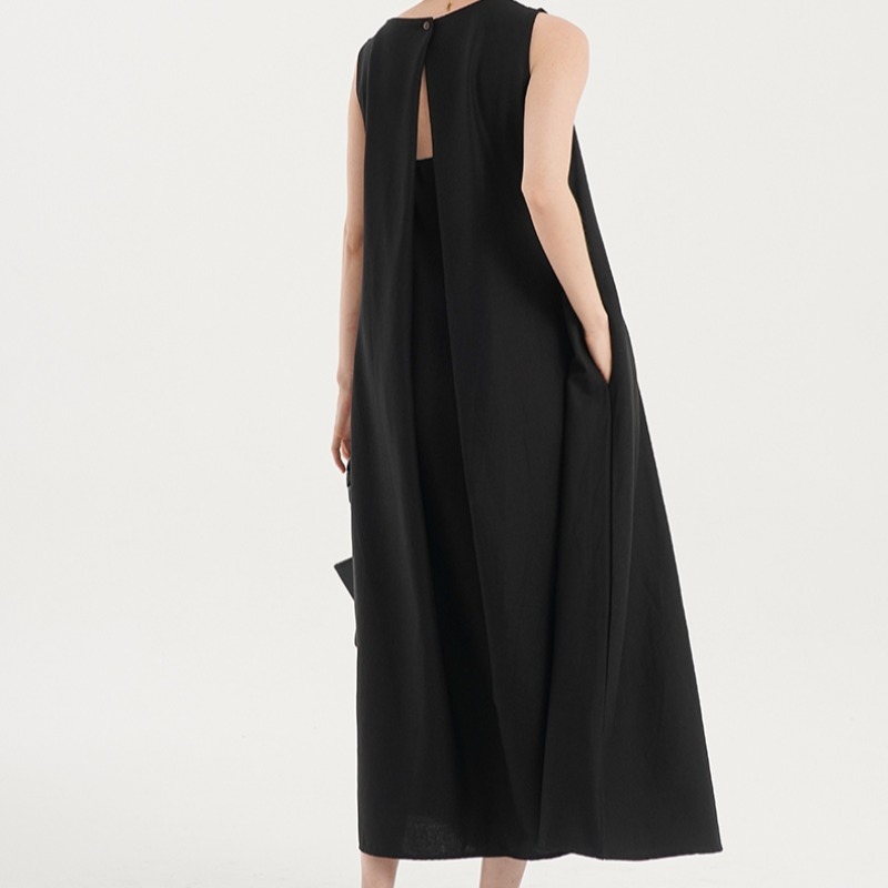 [W0358] เดรสกระโปรงยาว แขนกุด ดีเทลเว้าหลัง มีกระดุม ทรงหลวมใส่สบาย สีพื้น สวยเรียบเบสิค สไตล์เกาหลี - รูปที่ 3