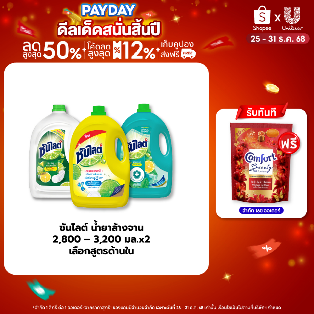 [เปลี่ยนแปลงสูตรและแพ็คเกจ] ซันไลต์  น้ำยาล้างจาน ขจัดคราบมัน 2800 - 3200 มล x2 Sunlight  Dish Washi