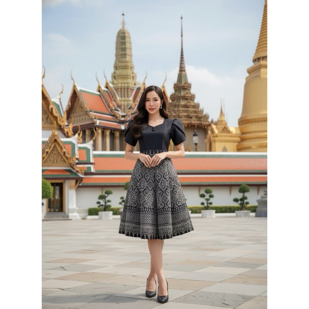 ชุดเดรสผ้าทอลาย แขนกลีบบัว คอหัวใจ กระโปรงบาน 8 ชิ้น อัดกาวทั้งชุด ซิปซ่อนหลัง (S-5XL) KS742