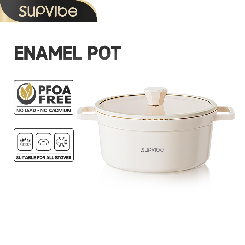 SUPVIBE หม้อเคลือบ หม้อต้มซุปแบบสองหู  พร้อมฝาครอบแก้ว ไม่ติดหม้อ ขนาด 20/24ชม.ใช้ได้กับเตาทุกประเภท