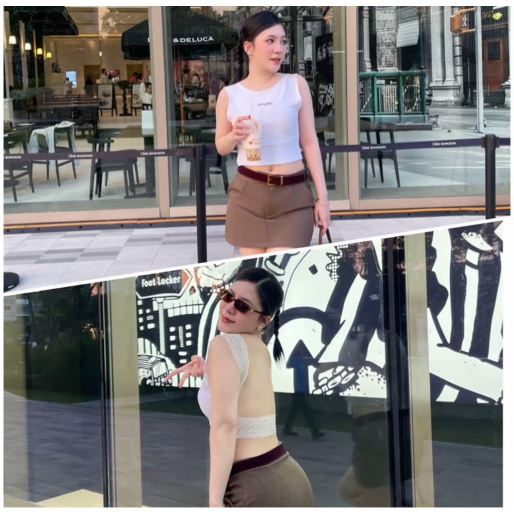 (มี2สี ขาว/ดำ)ป้าย Richy.Girl เสื้อครอปกล้ามเว้าหลัง ผ้าเด้ง แต่งด้วยลูกไม้ ฟรีไซส์