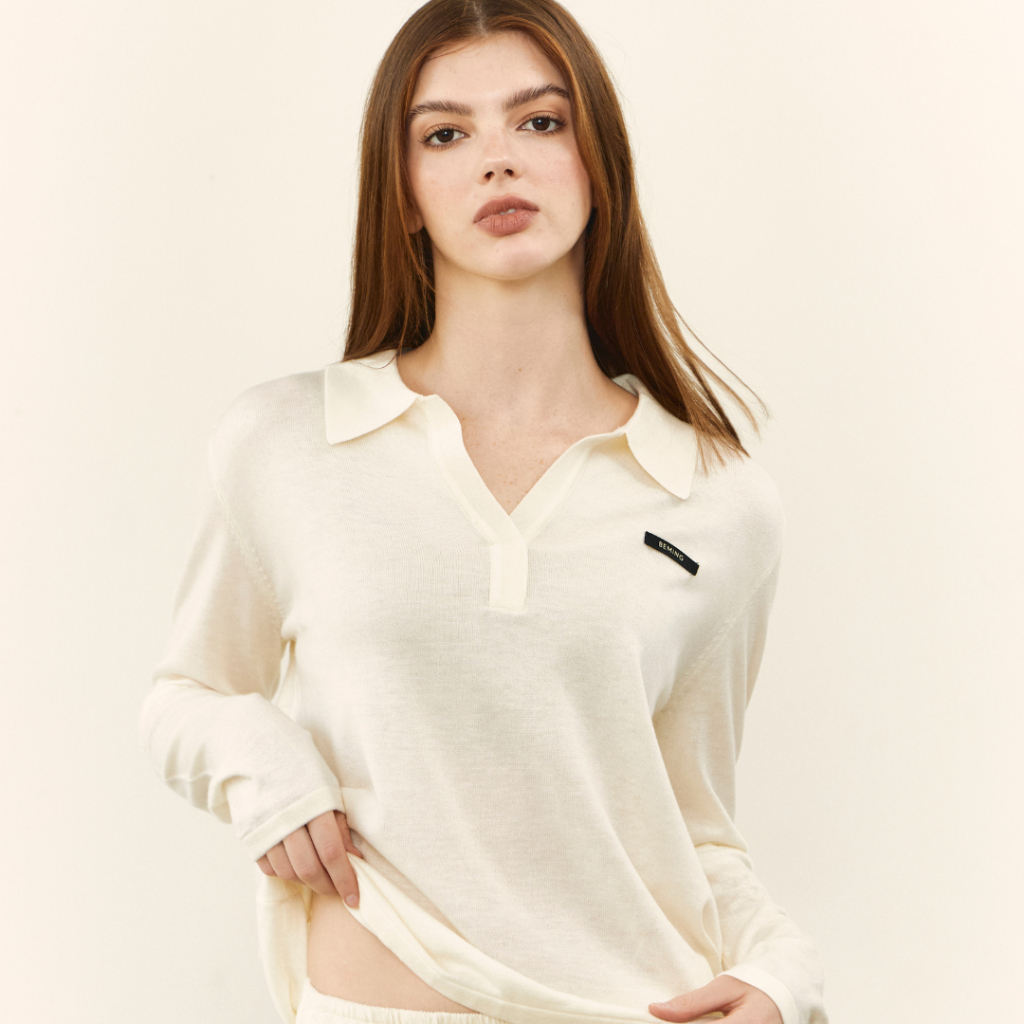 Bemingtop1087(S-2XL)-BMG Polo Longline - เสื้อแขนยาวคอปก ดีเทลคอวี ปักโลโก้ BEMING ด้านหน้า รูปที่ 2