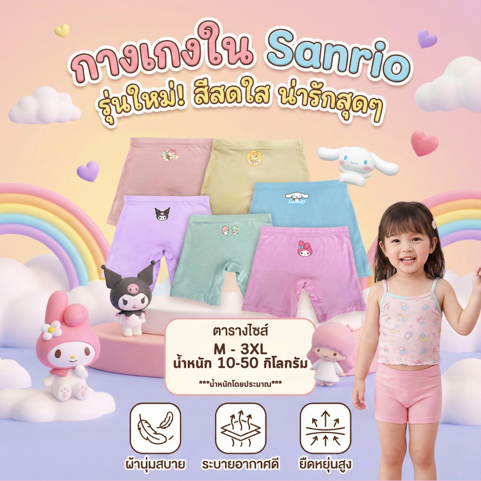ใหม่!! กางเกงซับในเด็กสุ่มสี 5 ตัว (รุ่นใหม่หนานุ่มขึ้น) กางเกงในเด็ก กันโป๊ลายซานริโอ้ sanrio ขาไม่บาน ยืดเบาสบาย 2-12