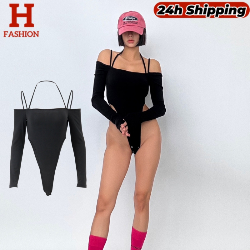 HOT พร้อมส่งจากไทย เสื้อบอดี้สูท แขนยาวเปิดไหล่ สไตล์มินิมอลรัดรูป FY2886