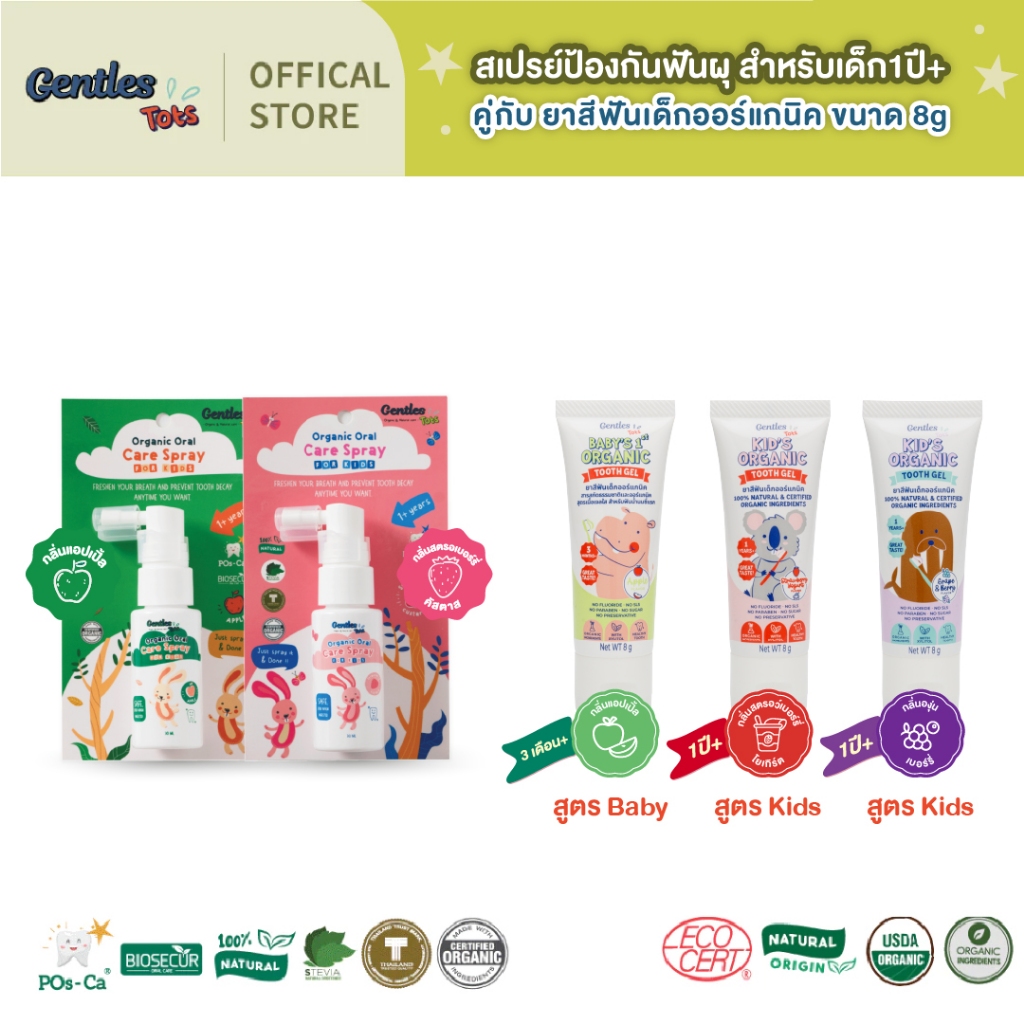 Gentles Tots สเปรย์ป้องกันฟันผุ สเปร์ยฟันออร์แกนิค สำหรับเด็ก1ปี+ คู่กับ ยาสีฟันเด็กออร์แกนิค ขนาด 8g