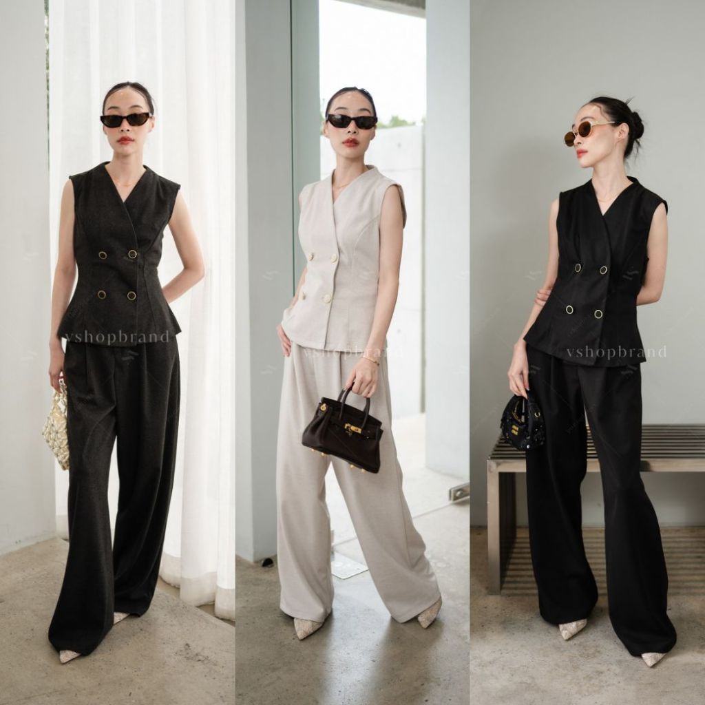 พร้อมส่งSet เสื้อแขนกุดทรงสูทกระดุมหน้า+กก.ขายาวจับจีบหน้า งานป้าย VSHOPBRAND