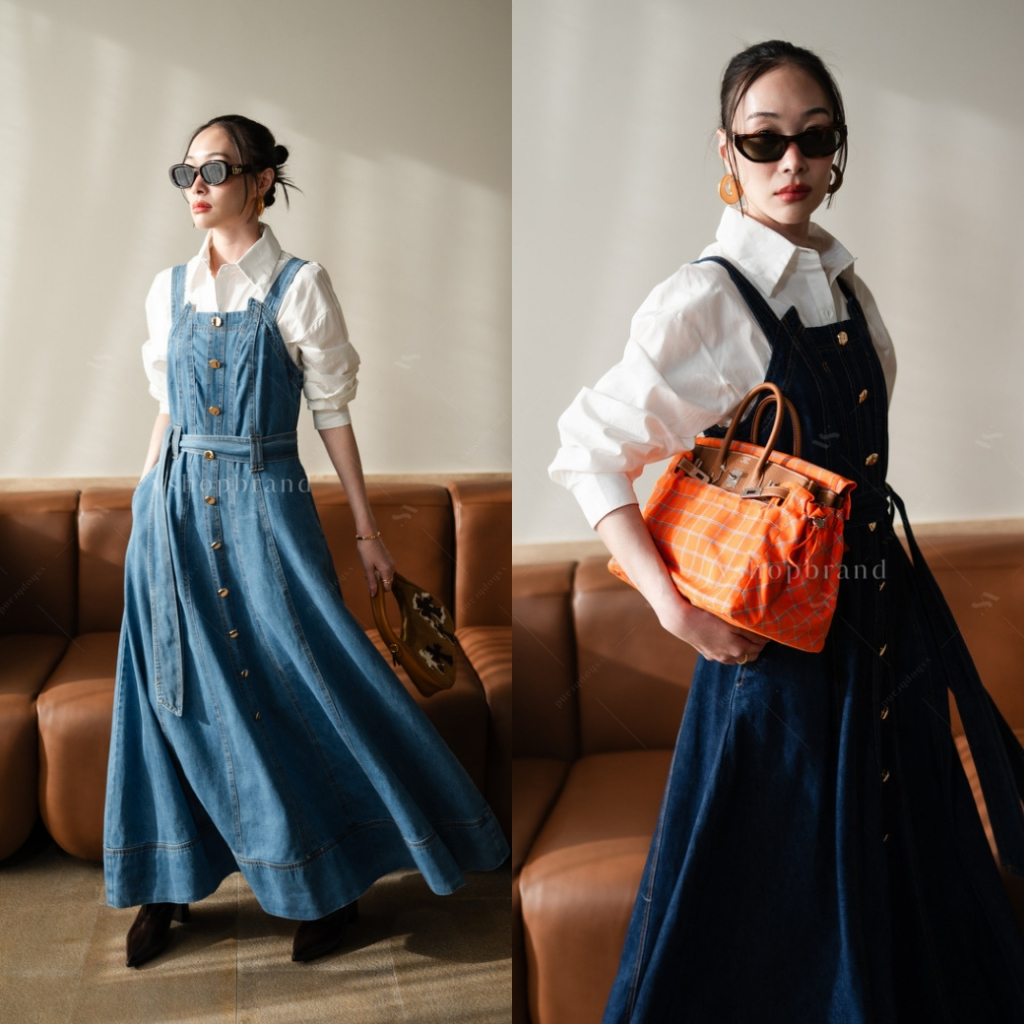 พร้อมส่ง เดรสยีนส์แขนกุดตีเกร็ดหน้ากระดุมทอง+เชือก งานป้ายVshop