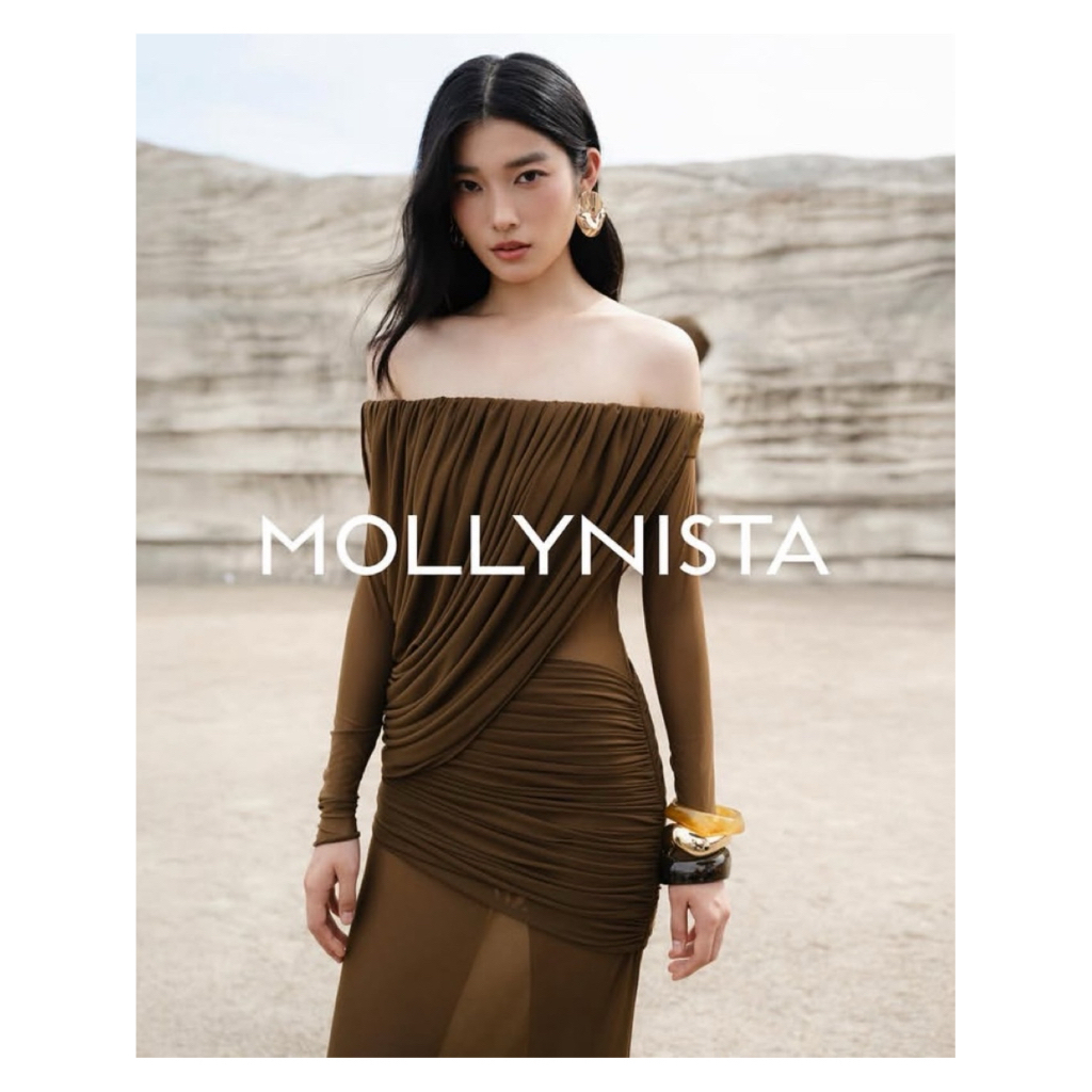 Brown off-Shoulder Draped Mesh Dress จากแบรนด์ mollynista พร้อมส่งจากไทย