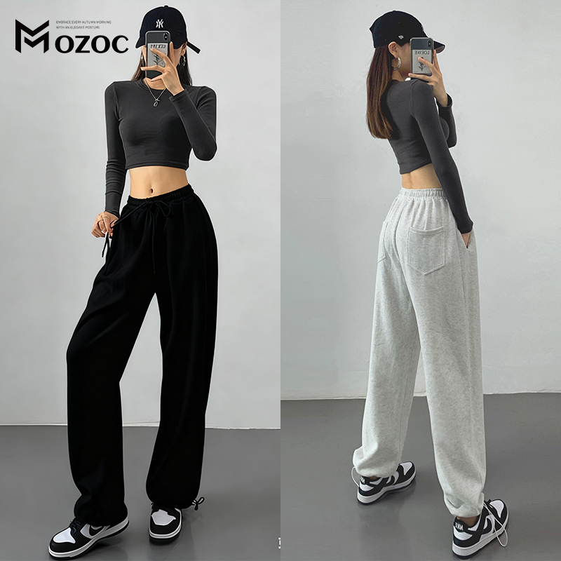 MOZOC จัดส่งจากประเทศไทย กางเกงวอร์มสีเทาผ้าฝ้ายแท้แบบยูนิเซ็กซ์ กางเกงทรงตรงเอวสูงพร้อมเชือกผูก กางเกงขายาวสำหรับผู้หญิ