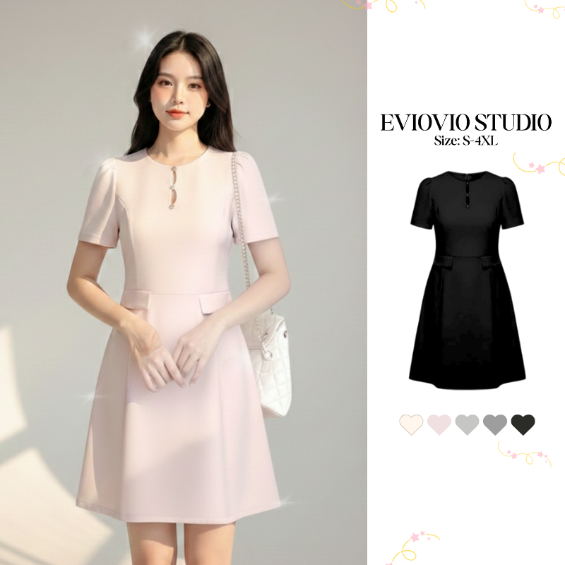 【EVIOVIO】🧸S-5XL🧺เติมสต๊อกแล้ว❗เดรสสั้น แต่งคอกระดุม แขนสั้น ดีเทลพองเล็กน้อย มีซับใน สีพื้น พลัสไซซ์ สาวอวบ พร้อมส่ง🥳