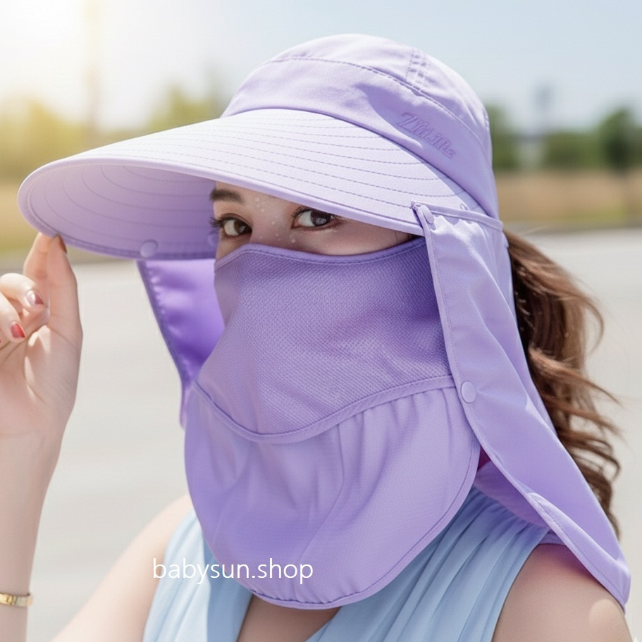 (รุ่นเนื้อผ้าดี) หมวกกันแดด กันยูวี กันได้99% ทดสอบแล้ว สีม่วง รุ่นมีผ้าปิดหน้าและลำคอ กันUVA/UVB