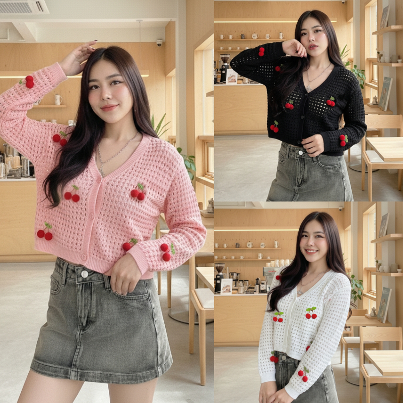 🌈SpinnyHouse🌈เสื้อคลุม ผ้าไหมพรม แต่งเชอรี่ กระดุมผ่าหน้า สาวอวบใส่ได้ รุ่น ตาข่ายเชอรี่