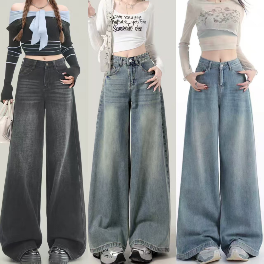 🔥919nn🔥เอวสูง ยีนส์สนิมเขียวฟอก กางเกงยีนส์กระบอกใหญ่ กางเกงยีนส์ ไซส์ XS-2XL
