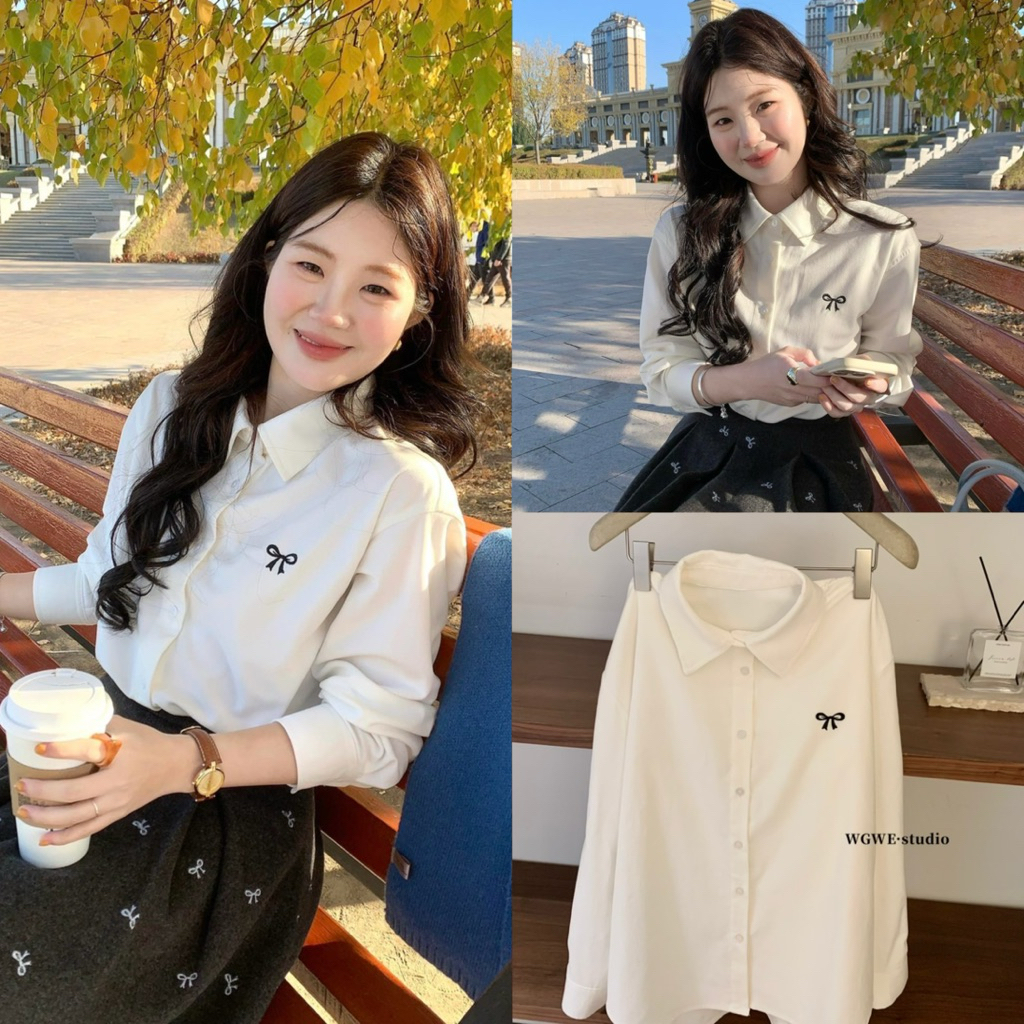 8417# เสื้อเชิ้ตแขนยาว คอปก ลายโบว์ช่วงอก เนื้อผ้าดีงานสวย TAG:WG.WE 🇰🇷