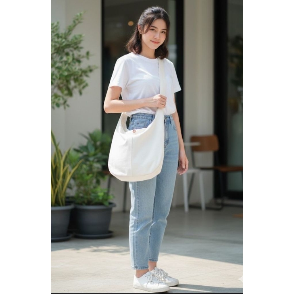 กระเป๋า ย่ามผ้าฝ้ายสีขาว สะพายข้าง มินิมอล มีซับในทั้งใบ