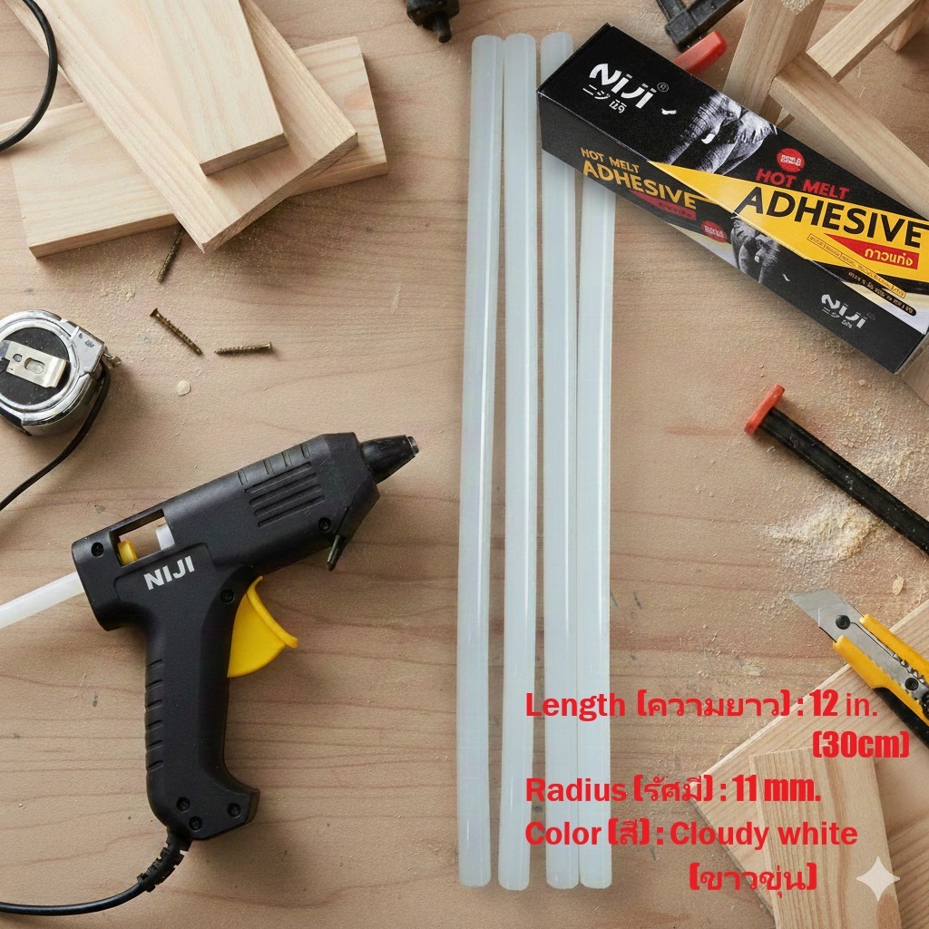 กาวแท่ง NIJI นิจิ สีขาวขุ่น (1กิโล) 12นิ้ว 34 แท่ง 11มม. คุณภาพจากไต้หวัน (ไม่ทิ้งคราบดำ)