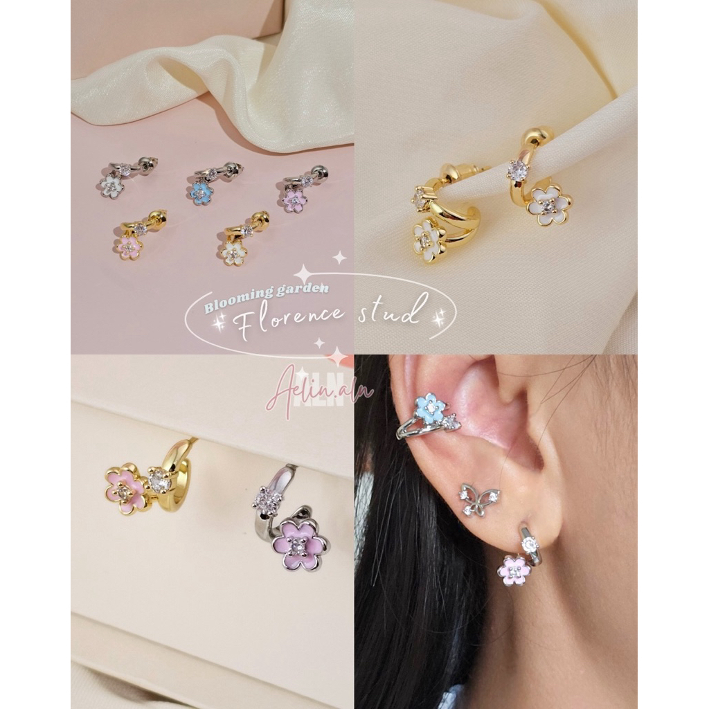 Blooming garden - Florence stud earrings -Aelin.ALN ( ต่างหูดอกไม้ชุบสีดับเบิ้ลซี) แพ้ง่ายใส่ได้ #SE15-04