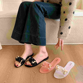 Amhher  รองเท้าแตะส้นแบนประดับมุกรุ่นใหม่สำหรับผู้หญิง ใช้งา…