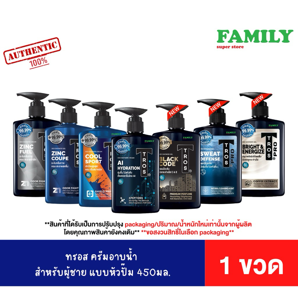 Tros ทรอส ครีมอาบน้ำ สำหรับผู้ชาย แบบหัวปั๊ม 450มล.