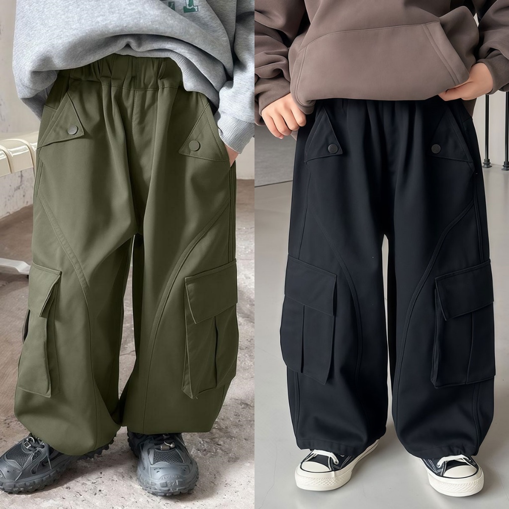 Beryl kids กางเกงขายาวเด็ก กางเกงคาร์โก้เด็กชาย ลำลองทรงหลวม เอวยางยืด รัดเท้าได้ สีพื้น ใส่สบาย หล่อเท่สุด