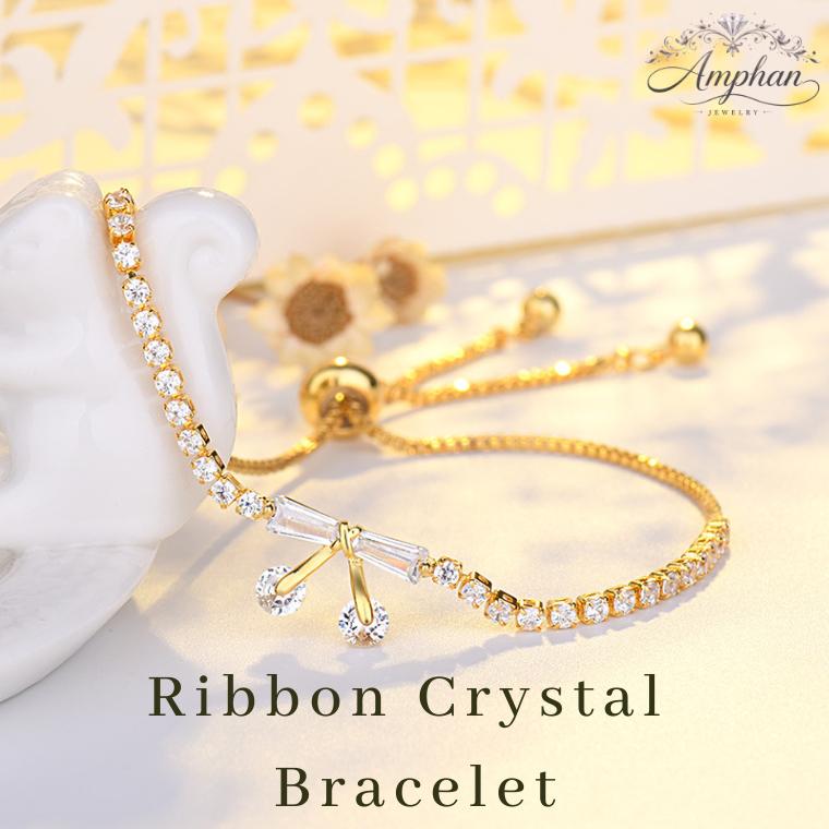 Amphan💌Ribbon Crystal ข้อมือริบบิ้นสีทอง สร้อยข้อมือหวานๆ กำไลริบบิ้น มินิมอล แฟชัน สไตล์เกาหลี ไม่แพ้ง่าย ของขวัญเทศกาล