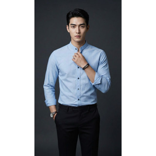 เสื้อเชิ้ตคอจีนแขนยาว  สีพื้น เสื้อแฟชั่น