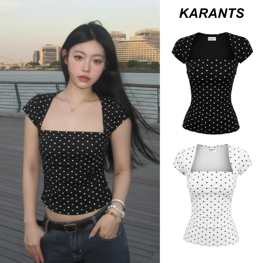 (Spring Season) Karants เสื้อยืดจับจีบ แขนสั้น ทรงเข้ารูป ผ้าคอตตอนยืด มีหลายสี – KR338