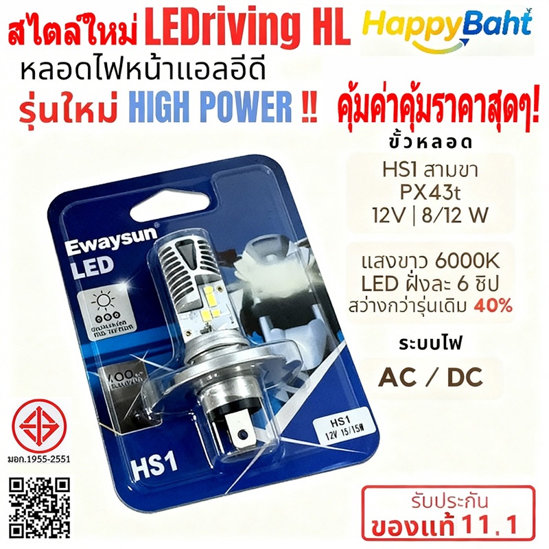 ✅รุ่นใหม่ 6ชิป✅ หลอดไฟหน้า LED HS1 (PX43t) AC/DC แสงขาว 6000K [120-180W] Grand Filano / FINN / MSX / FORZA300