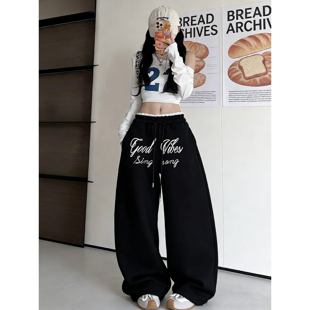 กางเกงขายาว กางเกงลำลอง สไตล์วินเทจ มีเชือกที่เอว กรีนอักษร#J1309 - รูปที่ 5