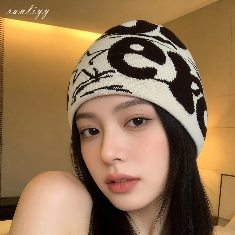 COD🌼หมวกผ้าถักนิตติ้งลายตัวอักษรมัลติฟังก์ชั่นY2Kสไตล์เกาหลีหมวกอุ่นสำหรับผู้ชายและผู้หญิง-Ranliyy