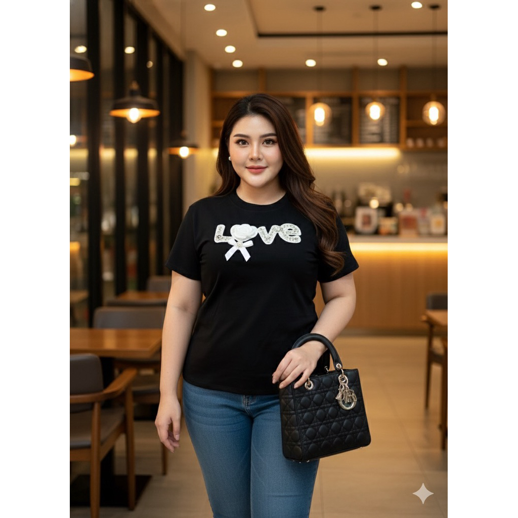 เสื้อยืดคอกลมเย็บอะไหล่LOVEสวยๆ สำหรับสาวอวบ ผ้ายูนิโคล