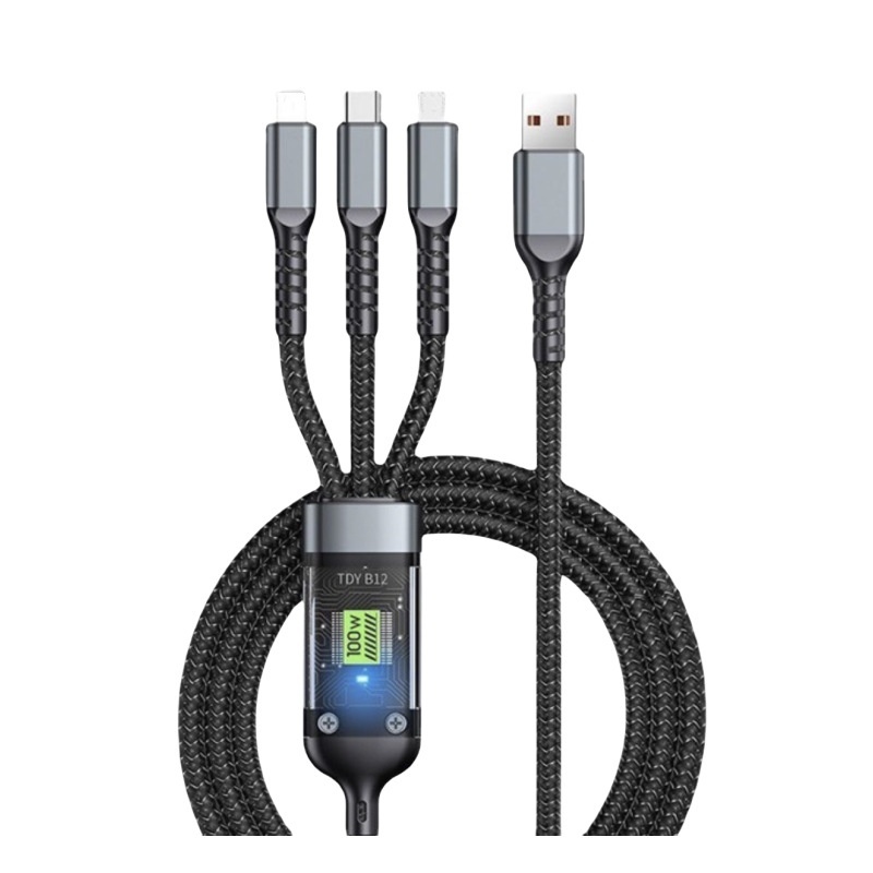 100W การชาร์จไฟอย่างรวดเร็ว 3 ใน 1 สายชาร์จสำหรับ  แอปเปิ้ลซัมซุง Android TypeC สายเคเบิลข้อมูล USB