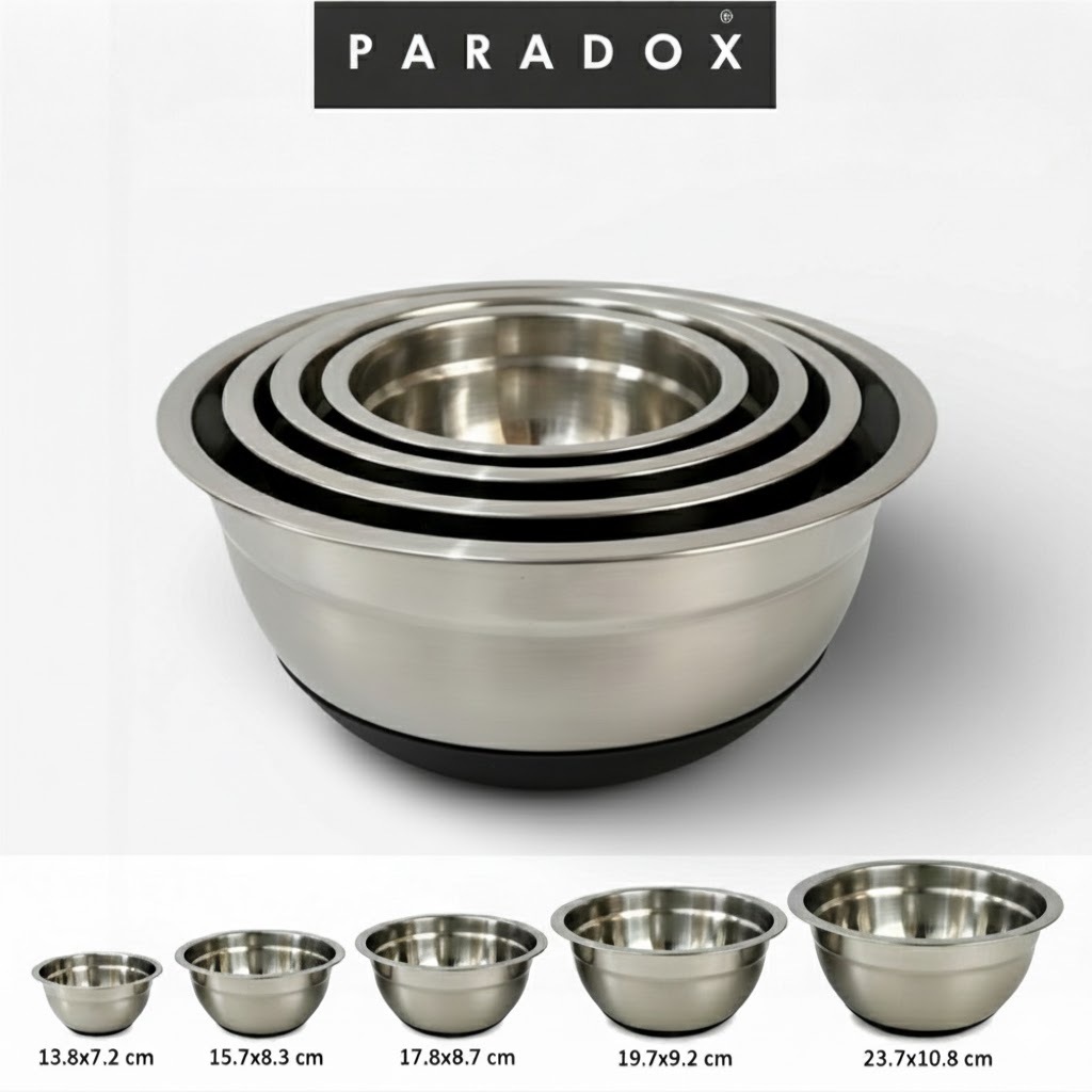 Paradox : อ่างผสมอาหารสเเตนเลส เเบบมีซิลิโคนเคลือบก้นอ่าง 5 ขนาด  MIXING BOWLS
