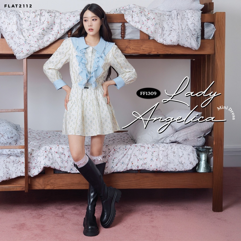 FLAT2112 : LADY ANGELICA MINI DRESS เดรสสั้นลายดอกไม้, เดรสระบายลูกไม้, ชุดเดรสคุณหนู,ลุคหวานคิ้วท์ (FF1309)