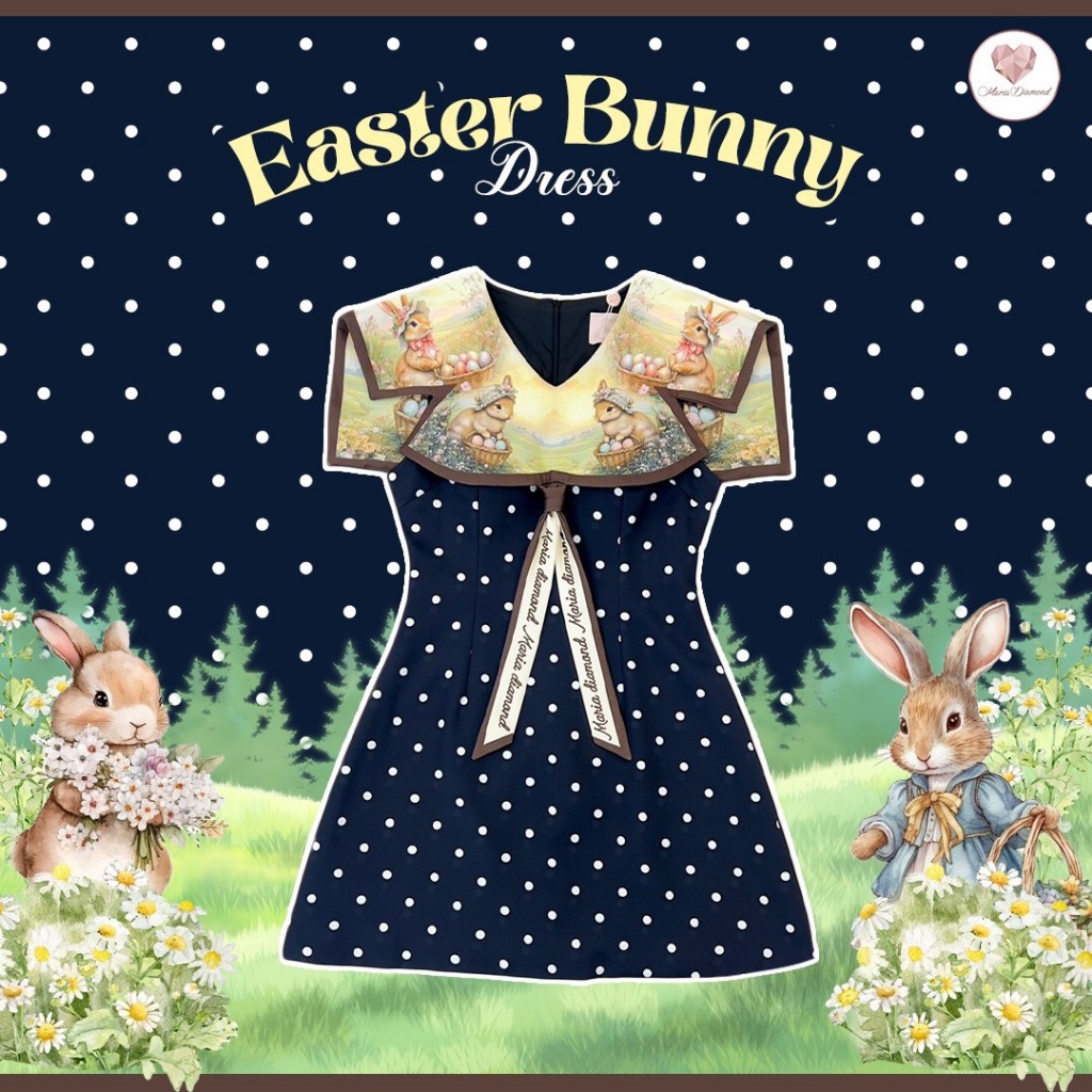 (มี3XL) Maria Diamond สีดำ Easter Bunny Dress เดรสสั้นผ้าเปเป้พิมพ์ลาย ปกกะลาสีพิมพ์ลาย ซิปหลัง มีซับใน