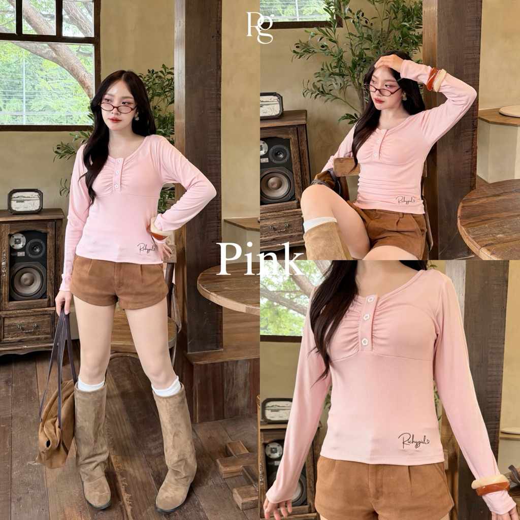 RICHYGIRL | Mellow Top เสื้อยืดแขนยาวผ้านุ่ม ใส่สบาย ยืดได้เยอะกระดุมดอกไม้ใช้งานได้ (S/M/L) ในไลฟ์1xx รูปที่ 8