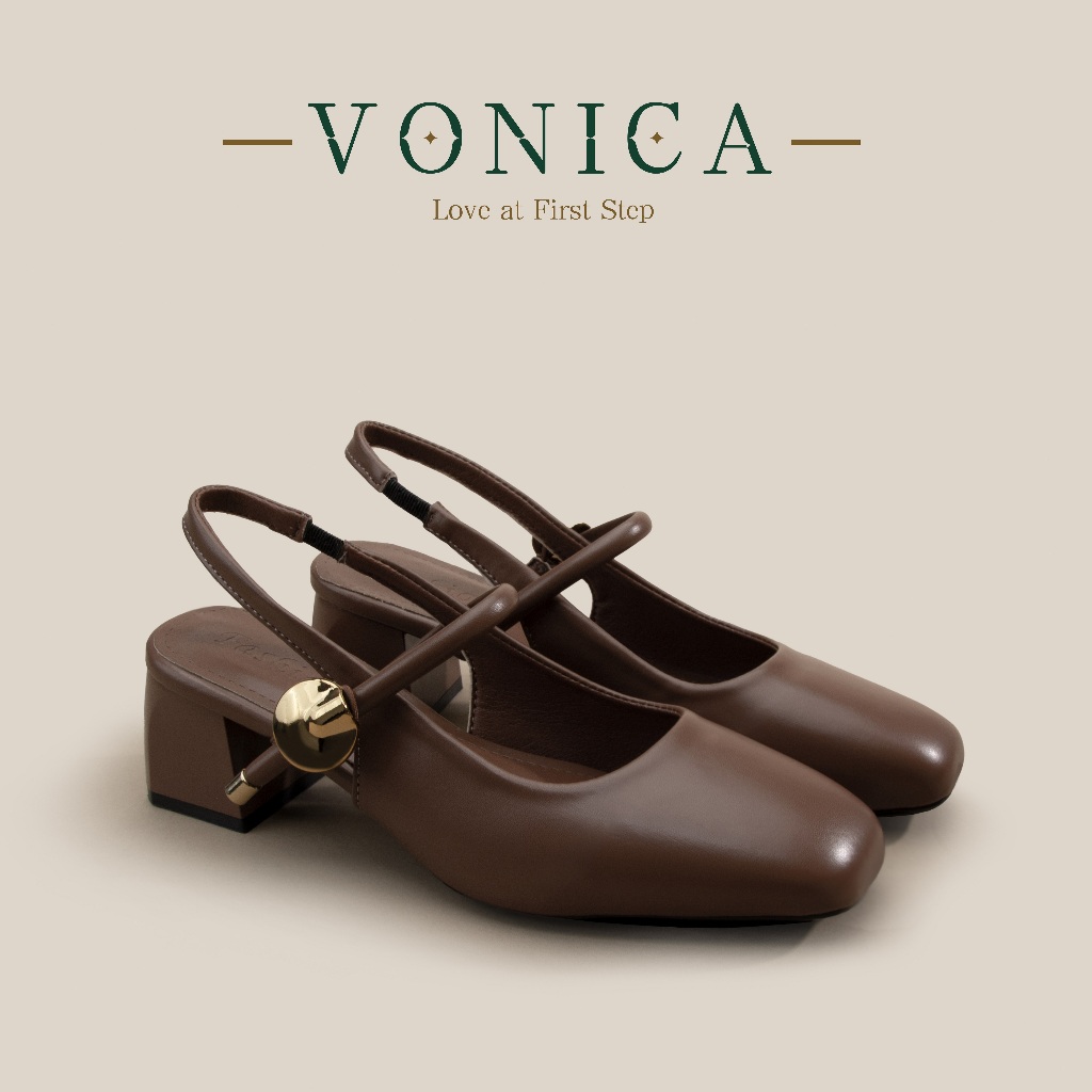 VONICA สีน้ำตาล รองเท้าแตะส้นสูงสตรี สไตล์ แมรี่เจน 2 นิ้วส้นหนา รองเท้าหนัง ใส่สบาย ใส่เที่ยวได้ ทรงเก๋ไก๋