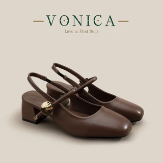 VONICA สีน้ำตาล รองเท้าแตะส้นสูงสตรี สไตล์ แมรี่เจน 2 นิ้วส้นหนา รองเท้าหนัง ใส่สบาย ใส่เที่ยวได้ ทรงเก๋ไก๋