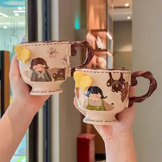 แก้วน้ำ พร้อมช้อน ลายการ์ตูน มีหูจับ แก้วเซรามิค ใส่เครื่องดื่มร้อน ชา กาแฟ สไตล์มินิมอล คาเฟ่ ลายน่ารัก สดใส สุดคิ้วท์