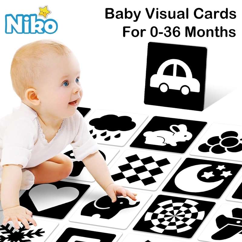 NIKO การ์ดกระตุ้นการมองเห็นสำหรับทารก 0-36 เดือน ของเล่นก่อนเรียน การ์ดแฟลชสีดำขาว ขนาด 18x18 ซม