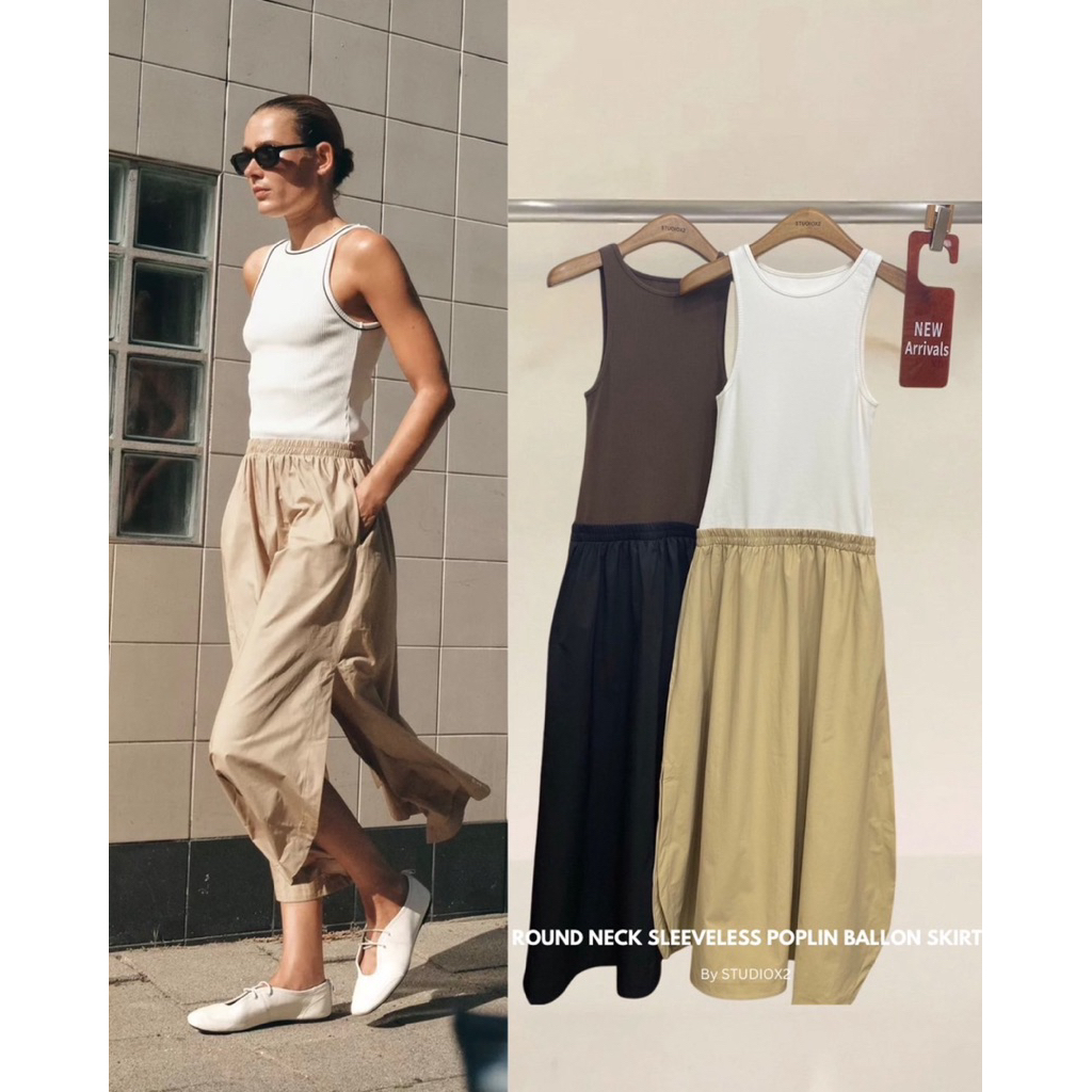 9985 STUDIOX2 ROUND NECK SLEEVELESS BALLON POPLIN DRESS 🏴🤎🏳️🎞️(790฿) เดรสแขนกุด คอกลม ท่อนบนเป็นผ้าย
