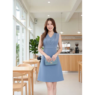 [พร้อมส่ง] Classic Dress เดรสเเขนกุดเเต่งจีบไหล่ แต่งกระดุมปั๊ม ป้าย VERA ชุดไปงานแต่ง ชุดไปคาเฟ่ by Lamoon apparel