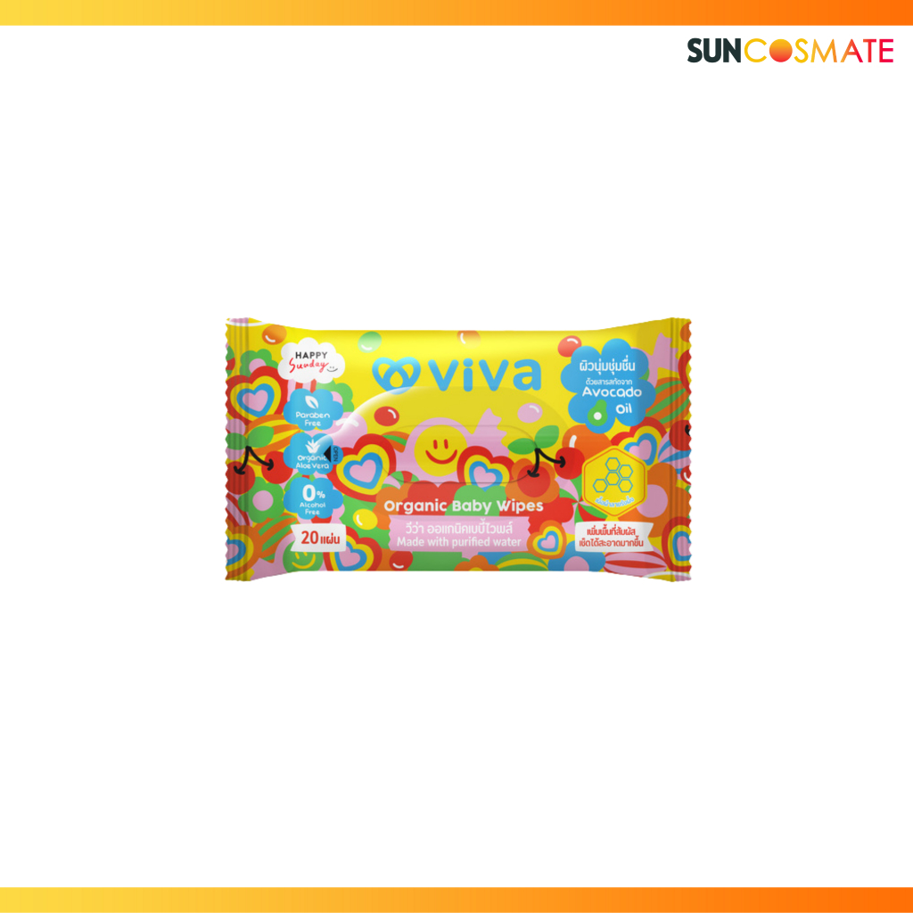 Viva organic baby wipes 20 sheets ทิชชู่เปียก สูตรออร์แกนิค 20แผ่น จากวีว่า มีสารสกัดออร์แกนิคจากอโลเวร่า