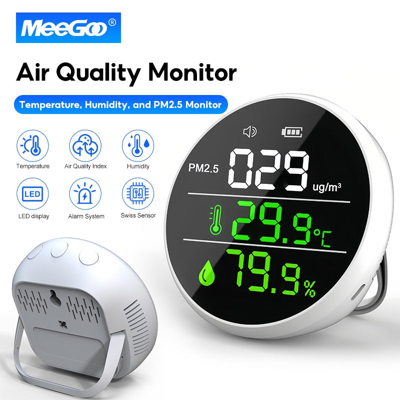 MeeGoo เครื่องวัดฝุ่น PM2.5 Detector 3in1 เครื่องวัดปริมาณฝุ่น เครื่องตรวจอากาศในบ้าน จอแสดงผล LED เซนเซอร์อุณหภูมิ