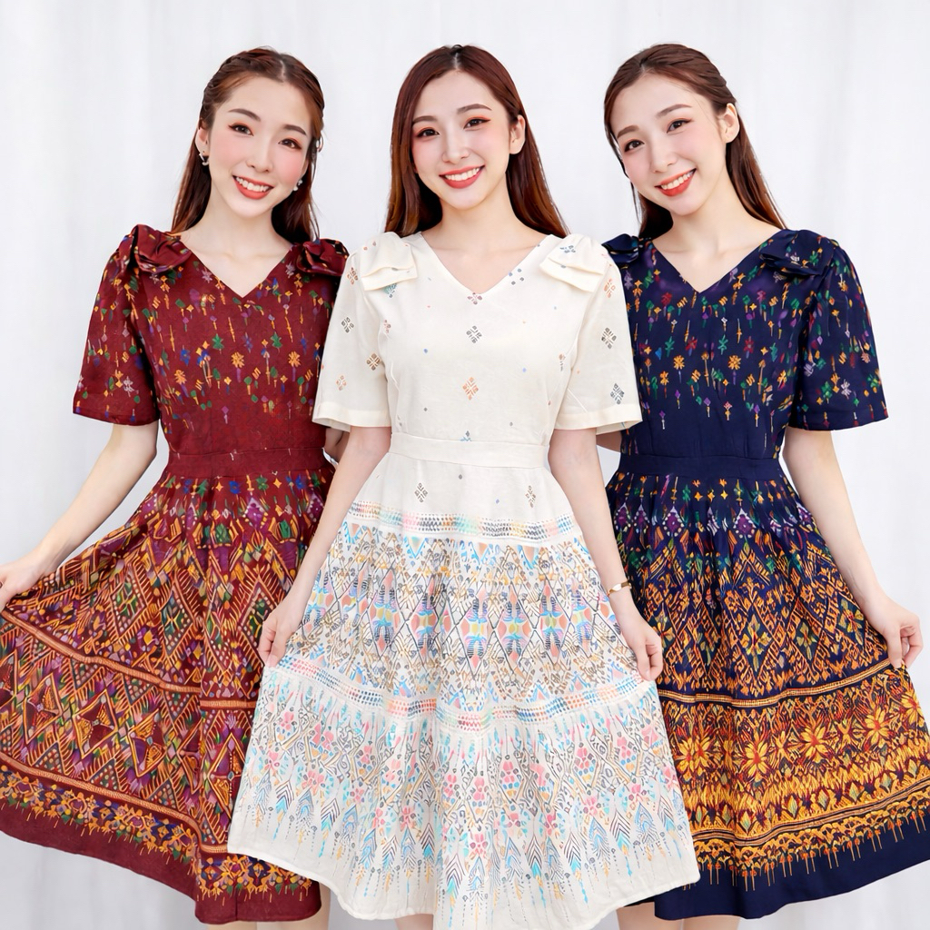 ชุด2in1 มีซิปหลังและสม็อคหลัง แต่งโบว์ที่ไหล่ 2 ข้าง เดรสสีขาว เดรส Dress เสื้อผ้าผู้หญิง ผ้าไทย