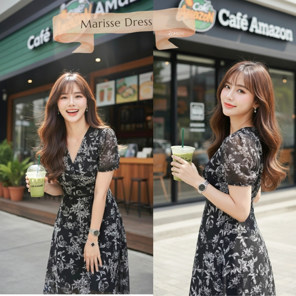 "Romi"Oil" Marisse Dress (black) K374 ชุดเดรสลายดอกใหญ่ (คอป้ายมีขอบเอว)