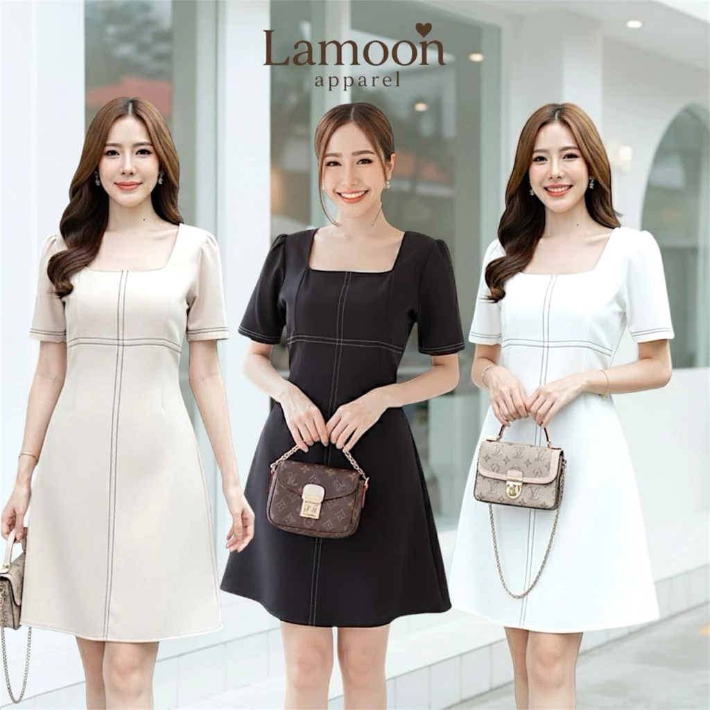 [พร้อมส่ง] Dolly dress เดรสคอเหลี่ยมดีเทลตะเข็บทูโทน ผ้าบาร์บี้ ป้าย VERA ชุดไปทำงาน ชุดไปคาเฟ่ by Lamoon apparel