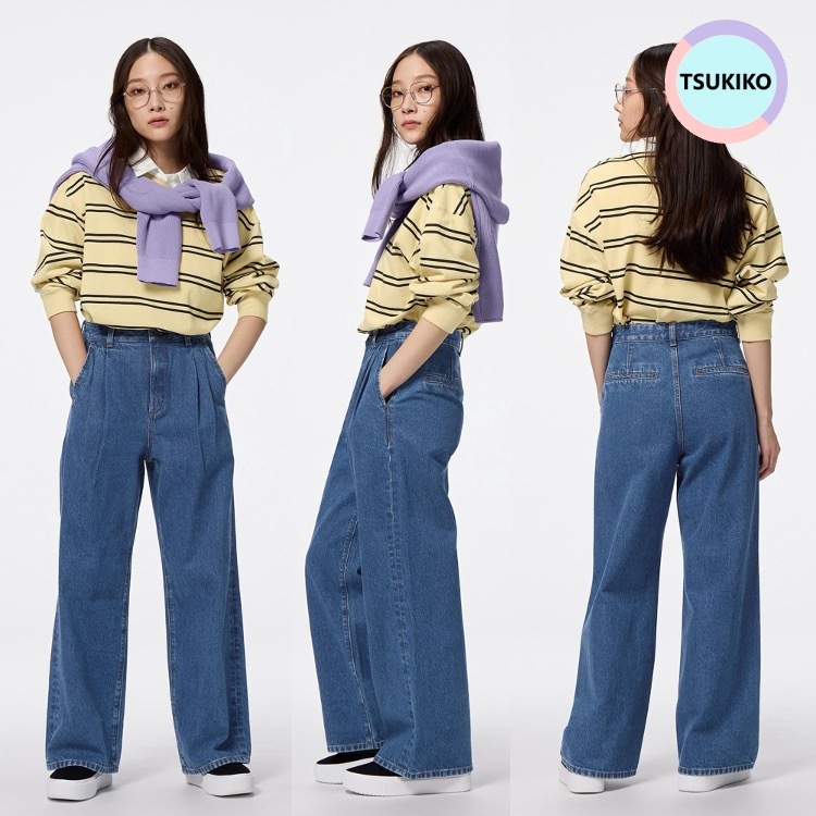 GU (พร้อมส่ง) กางเกงผ้าเดนิมส์ จับจีบ ทรงขากว้างตรง เอวสูง /GU Denim Tuck Trouser